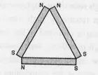 Three similar bar magnets are placed to form an equilateral triangle as shown in the figure  . The magnetic moment of each magnet is M. What is the magnetic moment of the system ?