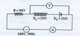 In the circuit shown in figure  , neglecting source resistance, the voltmeter and ammeter readings will respectively be