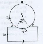 A cell is connected between the points A and C of a circular conductor ABCD of centre O*/AOC=60^@. If B1 and B2 are the magnitudes of the magnetic fields at O due to the currents in ABC and ADC respectively, the ratio B1//B2 is