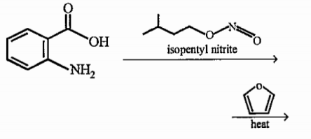 The compound isopentylnitrite is a source of NO^+ ions and will react with an amine to generate
a diazonium cation. Predict the product of the following reaction sequence.