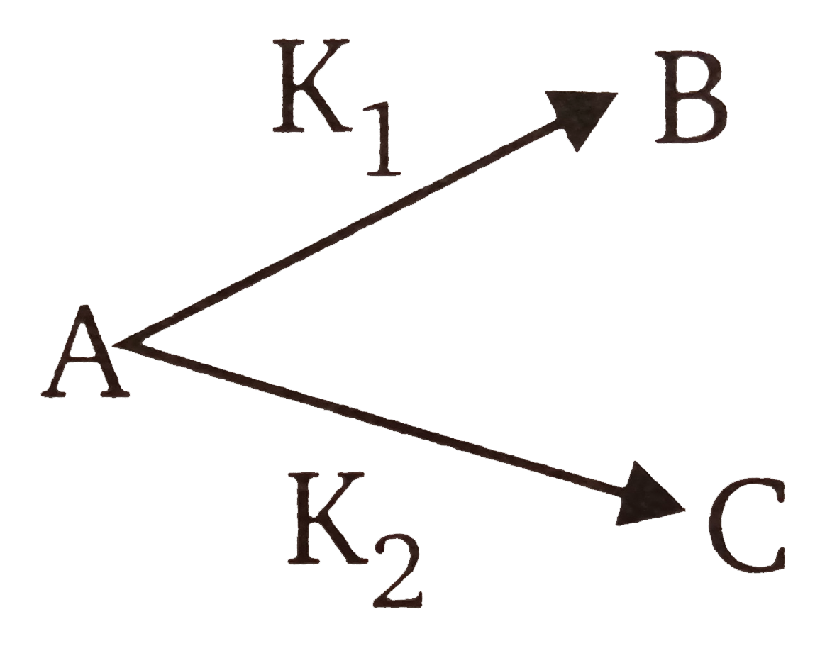 A substance undergoes first order decomposition. The decomposition follows two parallel first order reaction as:    and KP(1)=1.26xx10^(-4)sec^(-1)   K(2)=3.80xx10^(-5)sec^(-1)    The percentage distribution of B and C are: