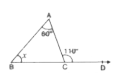 आकृति में, DeltaABC की भुजा BC को D तक बढ़ाया गया है तथा angleBAC=60^(@) व angleACD=110^(@) है तो anglex का मान होगा -