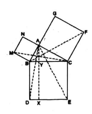 आकृति में, ABC एक समकोण त्रिभुज है जिसका कोण A समकोण है। BCED,ACFG और ABMN क्रमशः भुजाओं BC, CA और AB पर बने वर्ग हैं। रेखाखंड AX|DE भुजा BC को बिंदु Y पर मिलता है। दर्शाइए किः      ar (BYXD) = ar (ABMN)