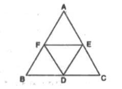 संलग्न आकृति में D, E और F क्रमशः त्रिभुज ABC की भुजाओं BC, CA और AB के मध्य-बिन्दु हैं। निम्नलिखित में से कौन-सा कथन सत्य है ?