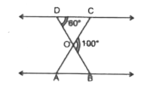दी गई आकृति में triangleODC ~ triangleOAB, triangleBOC = 100^(@), angleODC = 60^(@),  तो angleOAB  का मान है: