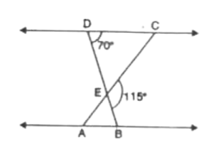 संलग्न आकृति में, triangleEDC ~ triangleEBA, angleBEC = 115^(@)  और angleEDC=70^(@)  है। angleDEC, angleDCE, angleEAB, angleAEB  और angleEBA ज्ञात कीजिए।