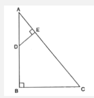 आसन्न आकृति में, AB bot  BC और DE bot AC है। सिद्ध कीजिए कि triangleAB ~ triangleAED  है।