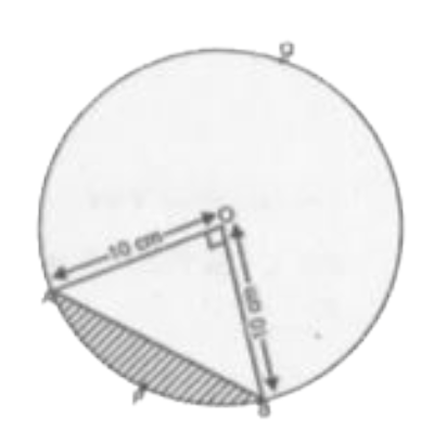 10 cm त्रिज्या वाले  एक वृत्त  की कोई  जीवा  केंद्र पर एक समकोण  अंतरित  करती है।  निम्नलिखित  के क्षेत्रफल ज्ञात कीजिए -       संयत लघु वृत्तखंड