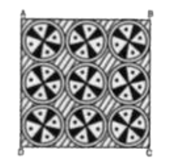 एक वर्गाकार रुमाल पर , नौ  वृत्ताकार डिजाइन  बने हैं , जिनमें  से प्रत्येक  की  त्रिज्या 7 cm है (देखिए  संलग्न आकृत्ति ) रुमाल के शेष  भाग का क्षेत्रफल ज्ञात कीजिए।