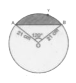 संलग्न  आकृत्ति में दर्शाए गए वृत्तखंड AYB का क्षेत्रफल ज्ञात कीजिए , यदि वृत्त  की त्रिज्या  21 cm है और angleAOB=120^(@) है।  (pi=(22)/(7) लीजिए। ]