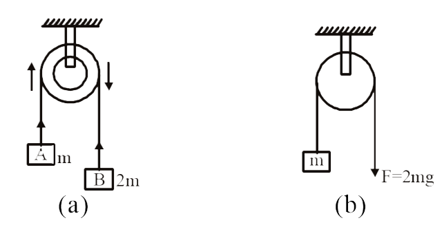 The pulley arrangements of fig (a) and (b) are identical. The mass of the rope is  negligible. In (a) the mass m is lifted up by attaching a mass 2 m to the other end of the rope. In (b) m is lifted up by pulling the other end of the rope with a constant downward force F = 2 mg. Which of the following is correct?