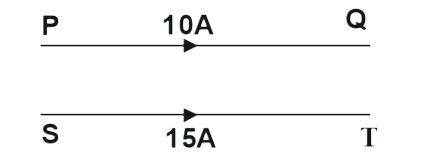 In the fig the two parallel wires PQ and ST are at 30 cm apart. The currents flowing in the wires are according to fig. The force acting over a length of 5m of the wires is-      (1) 5xx10^(-4) N   (2) attraction   (3) 5xx10^(-8) N   (4) repulsion