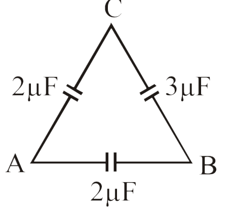 Three capacitors are connected in the arms of a triangle ABC as shown in figure 5 V is applied between A and B. The voltage between B and C is