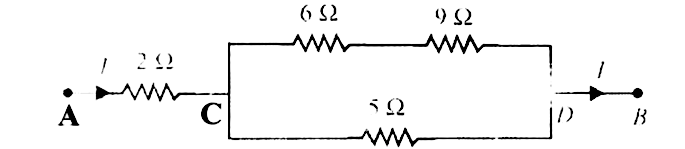 In the circuit shown in figure, the 5 Omega resistance develops 20.00 cal//s  due to the current flowing through it. The heat developed in 2  Omega resistance (in cal//s) is