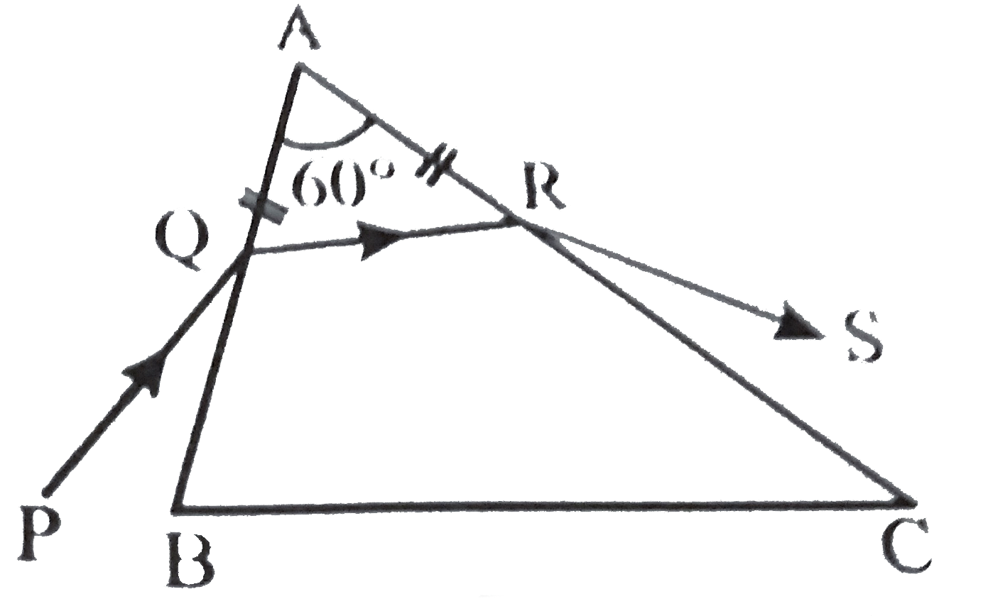 A ray PQ incident on the refracting face BA is refracted in the prism BAC as shown in the figure and emerges from the other refracting face AC as RS such that AQ = AR. If the angle of prism A = 60^(@) and the refractive index of the meterial of prism  is sqrt2 , then the angle of deviation of the ray is