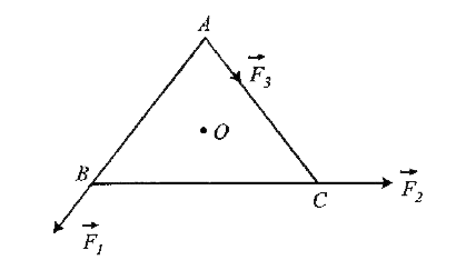 ABC  एक समबाहु   त्रिभुज   है , जिसका  केंद्र O  है।  vecF(1),vecF(2)  तथा vecF(3) क्रमशः AB,BC तथा AC दिशा में लगे बल हैं।  यदि O  के परितः   कुल बल - आघूर्ण   (टॉर्क ) शून्य हो तो , vecF(3)  का मान  होगा :
