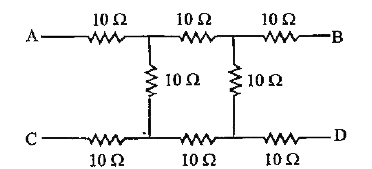 दिये गये परिपथ में बिन्दु A तथा D के बीच तुल्य प्रतिरोध ज्ञात करें।