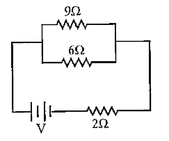 यदि दिये गये परिपथ आरेख में 9Omega  प्रतिरोध में व्यय शक्ति 36 वाट है, तो 2Omega  प्रतिरोध के सिरों के बीच विभवान्तर होगाः