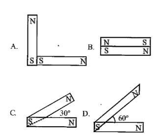 आरेख में दंड (छड़ ) चुम्बकों की व्यवस्थाओ में विन्यास दिये गये है।  प्रत्येक चुम्बक का द्विध्रुव  आघूर्ण m   है।  किस विन्यास में नेट चुम्बकीय द्विध्रुव  आघूर्ण  का मान अधिकतम होगा