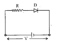 एक बैटरी V वोल्ट तथा एक प्रतिरोध को एक डायोड के साथ श्रेणी क्रम में जोड़ा गया है। R में विभवान्तर का मान है
