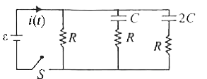 The two capacitors, shown in the circuit, are initially uncharged and the cell is ideal.The switch S is closed at t = 0.     Which of the following functions represents the current i(t), through the cell as a function of time?Here i(0), i(1), i(2) are constants.