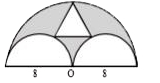 Find the area of the shaded region in the diagram below where the given triangle is isosceles with vertices of base lying on axis of the radius perpendicular to the diameters of the two small semicircles