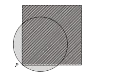 A punching machine is used to punch a circular hole of diameter two units from a square sheet of aluminium of width 2 units, as shown below. The hole is punched such that the circular hole touches one corner P of the square sheet and the diameter of the hole originating at P is in line with a diagonal of the square.       The proportion of the sheet area that remains after punching is: