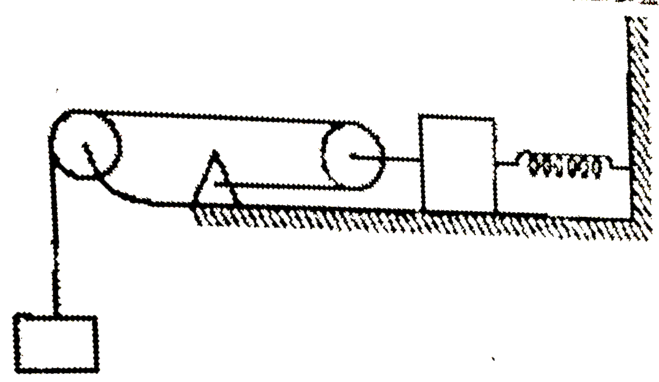 In the shown figure, the spring and string is ideal. The spring the stiffness of 100 N//m and m = 1 kg friction exists between mass 2m and surface with coefficient mu = 0.8. The system is released with spring from its relaxed position. Based on above data, answer the following question: (take g = 10 m//s^(2))      Magnitude of net work done by spring after the system is released for motion is: