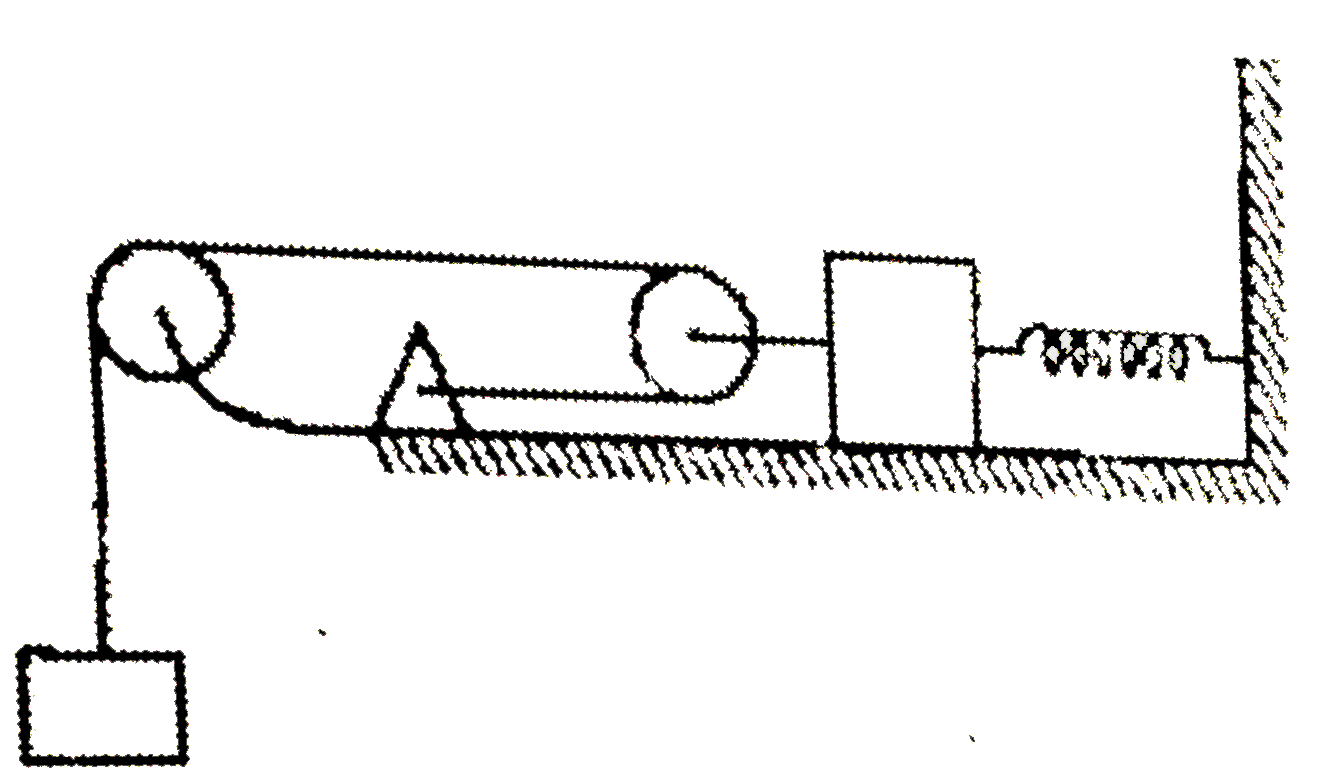 In the shown figure, the spring and string is ideal. The spring the stiffness of 100 N//m and m = 1 kg friction exists between mass 2m and surface with coefficient mu = 0.8. The system is released with spring from its relaxed position. Based on above data, answer the following question: (take g = 10 m//s^(2))      Frictional force acting on the mass 2m when it finally comes to rest is: