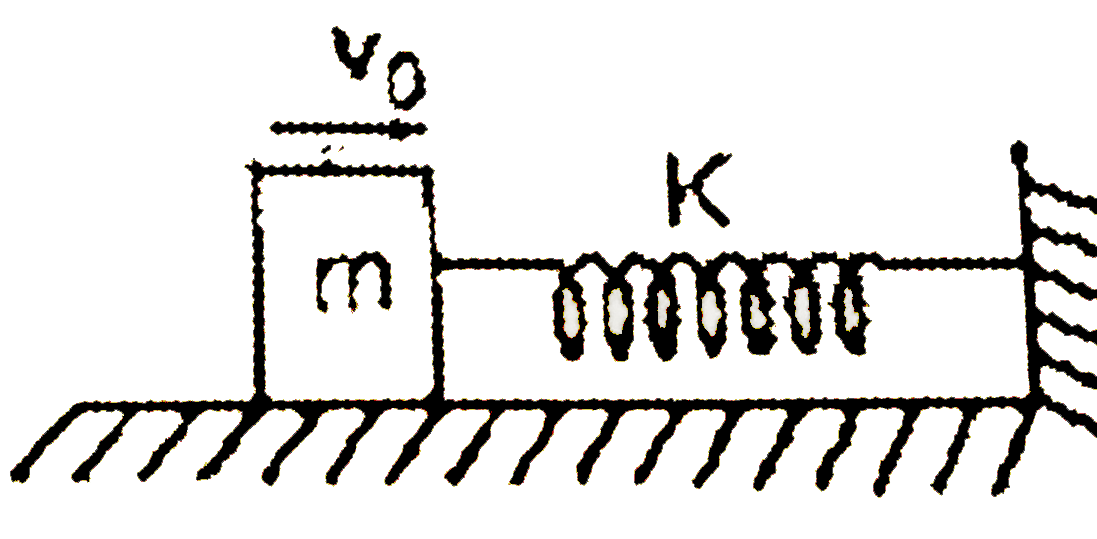 A block of mass m moving with a velocity v(0) on a smooth horizontal surface strikes and compresses a spring ofstiffuess k till mass coines to rest as shown in the figure. This phenomenon is observed by two observers :   (a) Standing on the horizontal surface   (b) standing on the block      To an observer A the work done by spring force is: