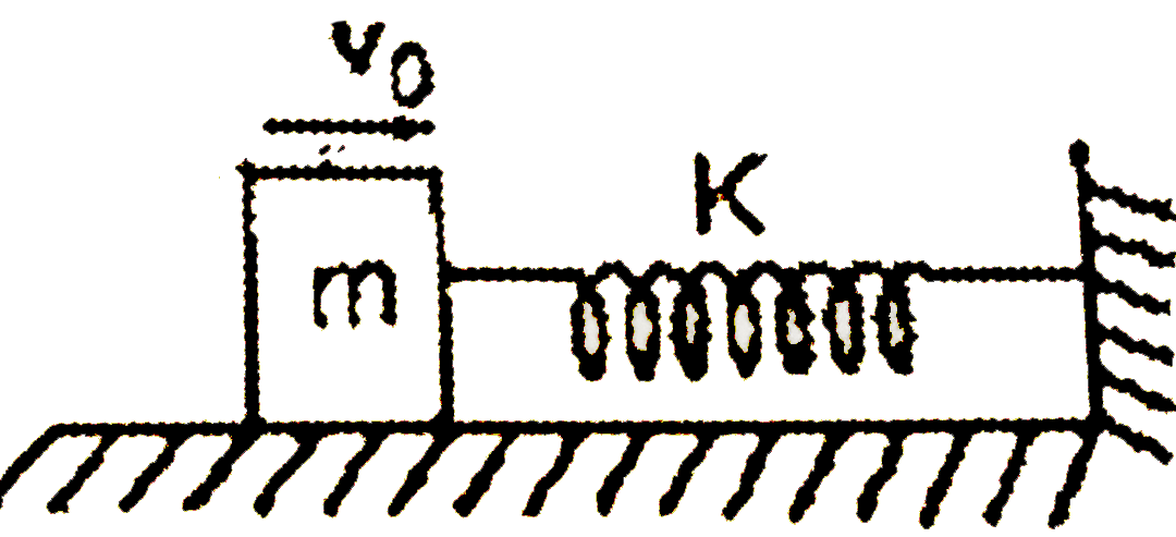 A block of mass m moving with a velocity v(0) on a smooth horizontal surface strikes and compresses a spring ofstiffuess k till mass coines to rest as shown in the figure. This phenomenon is observed by two observers :   (a) Standing on the horizontal surface   (b) standing on the block      To an observer A, the work done by the normal reaction N between the block and the spring on the block is :