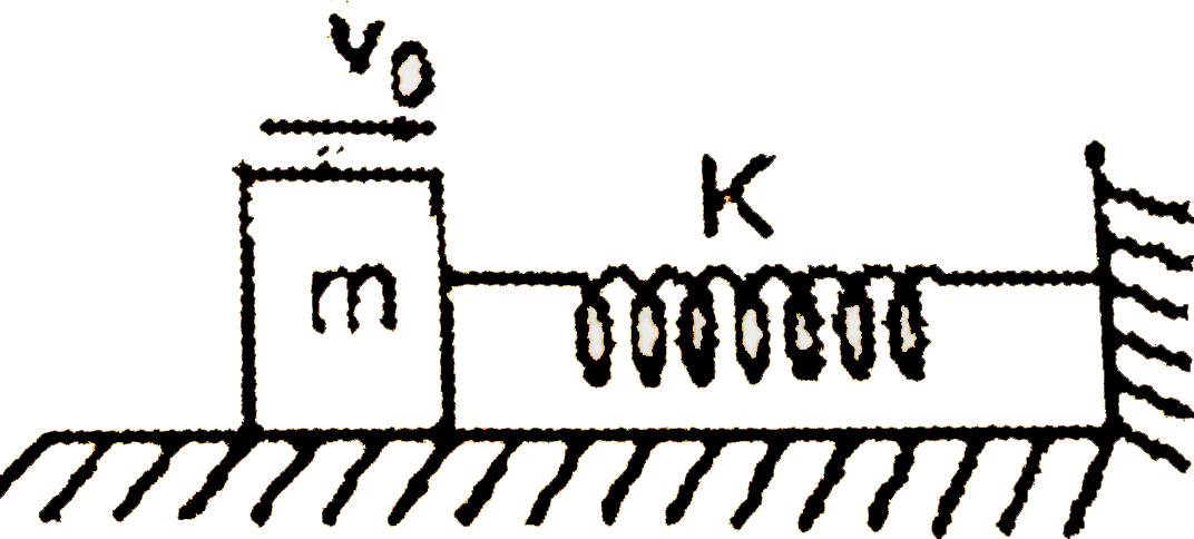 A block of mass m moving with a velocity v(0) on a smooth horizontal surface strikes and compresses a spring ofstiffuess k till mass coines to rest as shown in the figure. This phenomenon is observed by two observers :   (a) Standing on the horizontal surface   (b) standing on the block      To an observer A, the net work done on the block is: