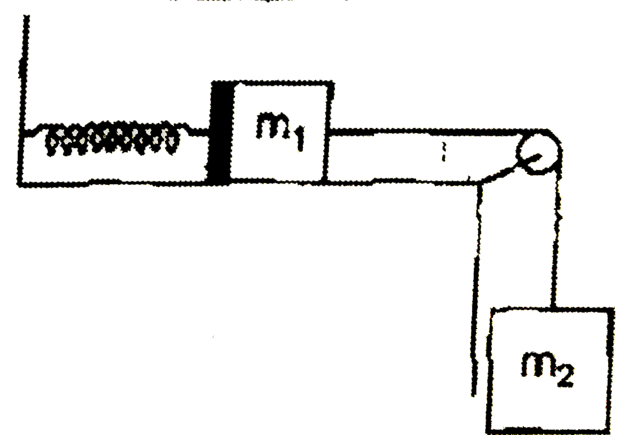 In Fig 3E.17, the mass m(2) rests on a rough table. The mass m(1) is pushed against the spring to which it is not attached Force constant of the spring is k, coefficient of friction is mu(k).   (a) Find the speed of the blocks after the spring is released and m(2) has fallen a distance of h.   (b) If the spring is attached to the block and it falls a distance h before coming to rest, calculate the coefficient of friction mu(k).