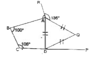 In the diagram, CDP is a straight line, Delta AQD is equilateral angle BAR = 90^(@), angle QAR = 135^(@), angle BCD = 106^(@) and angle ABC = 100^(@). Then, angle PDQ equals.