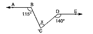 Given that AB||DE,angleABC=115^(@),angleEDC=140^(@), then the value of x is :