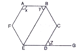 This is a regular hexagon. The angles x, y and z are respectively: