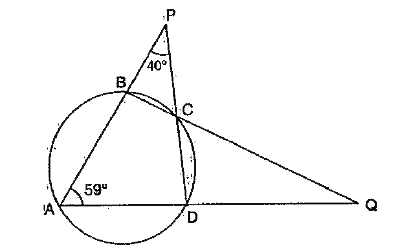 In the given figure, angle PAQ = 59^(@), angle APD = 40^(@), then what is angle AQB ?