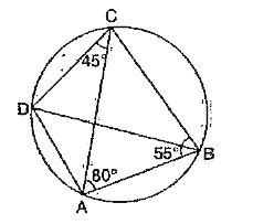 In the given figure angle CAB = 80^(@), angle CBA = 55^(@) and angle DCA = 45^(@). The statement BD is the diameter is :