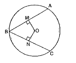 AB and BC are two equal chords of a circle with centre O. OM bot AB and ON bot BC. OB is joined. State if each of the following statements is true or false. Give reasons in each case.      (i) OM = ON   (ii) Delta OMB ~= Delta ONB   (iii) BO bisects angle ABC