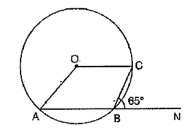 O is the centre of the circle, ABN is a straight line. Find angle AOC.