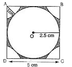 ABCD is a square of side 5 cm. At the four corners, four circular arcs each of radius. 1 cm are drawn. A circle of radius 2.5 cm with centre O is drawn inside the square. What is the approximate area of the shaded portion ?