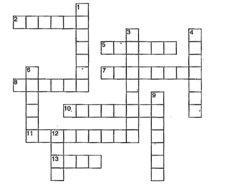 Solve the following crossword with the help of the given clues.      Clues :   ACROSS   2. A reddish metal which has no reaction with dil. acids and is mixed within tin to make bronze used in making cooking utensils.   5. An alloy of copper and tin.   7. A soft, silver white noble metal that does not corrode in air. Used in making jewellery, electrical contacts, and dental crowns.   8. A solid non-metal having lustre. It has a shining surface like that of metals.   10. A form of carbon which is a good conductor of electricity   11. A metal which catches fire easily and burns with a dazzling white light to form oxide.   13. A very, soft bluish white poisonous metal which is a poor conductor of electricity used extensively in car batteries.   DOWN   1. A non-metal which is liquid at room temperature.   3. A soft, silvery white highly reactive metal. Very violent with cold water. It is an alkali metal and is essential for the growth of plants.   4. A form of carbon which is the hardest naturally occurring substance and is used for cutting glass.   6. A highly reactive metal which is always stored in kerosene.   9. A metal which is liquid at room temperature.   12. A noble metal-lowest in reactivity series, used in making jewellery