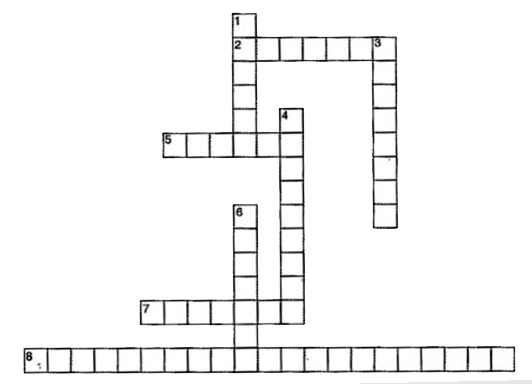 Solve the following crossword with the help of the given clues:      Clues :   ACROSS   2. Pure aluminium oxide (Al2O3) obtained from the aluminium oxide present in the ore of aluminium.   5. Ore of lead (A grey, metallic mineral consisting of lead and sulphur).   7. Most common ore of Aluminium.   8. The reaction of metals in which a more reactive metal displaces a less reactive metal from the solution of its salt.   DOWN   1. The earthy, sandy and rocky impurities associated with the mineral.   3. An alloy of mercury and another metal, especially silver, commonly used in dental fillings.   4. Can be beaten into thin sheets without breaking.   6. Can be drawn into wires without breaking.