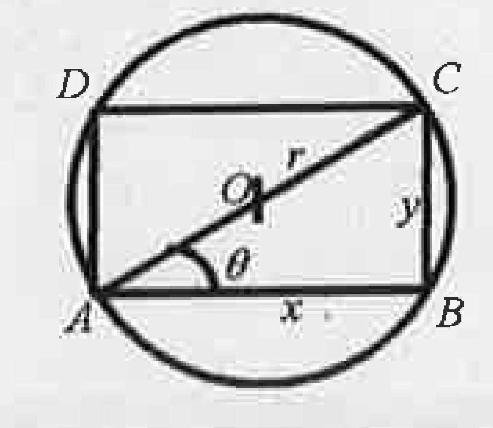 Let x and y be the length and breadth of the rectangle ABCD in a circle having radius r. Let angleCAB=theta (Ref. Figure). If triangle represent area of the rectangle and r is a constant.   Find (d triangle)/(d theta) and (d^2 triangle)/(d theta^2).