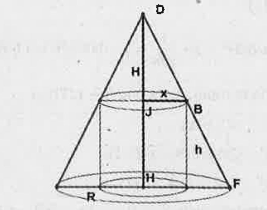 A right circular cylinder is inscribed in a given cone of radius R cm and height H cm as shown in the figure.   Find the Surface area S of the circular  cylinder as a function of x.