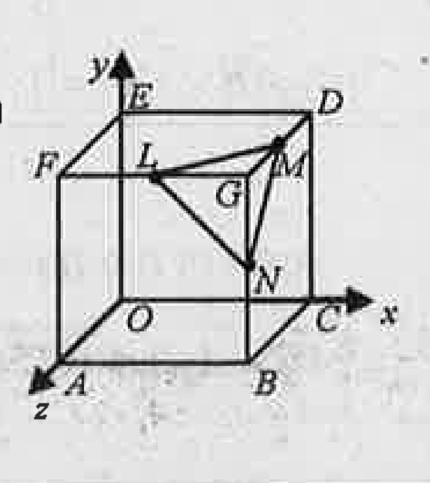 OABCDEFG is acube with edges of length 8 units and axes are shown. L,M,N are midpoints of the edges FG, GD, GB respectively.   Show that vec(LM)+vec(MN)+vec(NL)=0