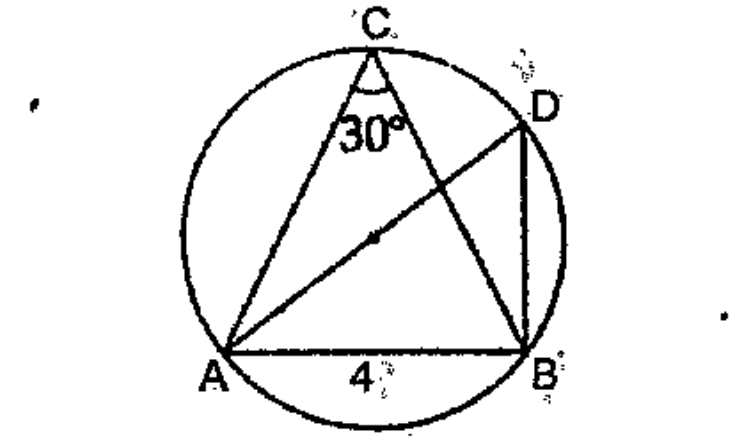 In the figure, C,D are points on the circle AD is a diameter of the circle. squareC=30^o.AB=4 centimetres.  What is the length of the diameter?   .