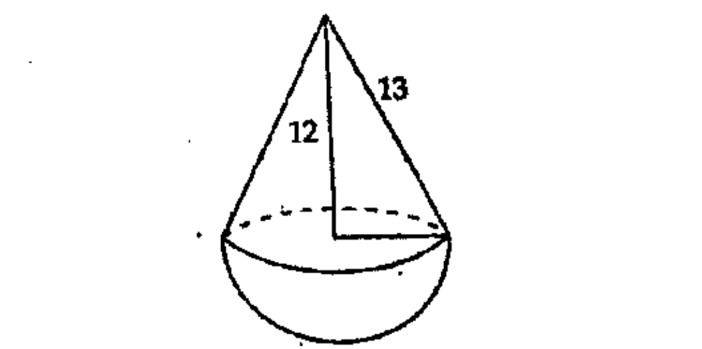 A solid is made by fixing a hemisphere of same radius on the flat face of a cone. The height of the cone is 12 centimetres and its slant height is 13 centimetres. What is the  total surface area of the solid?   .
