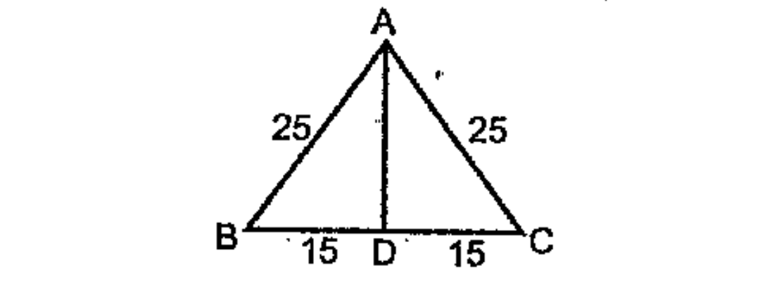 The given figure is the lateral face of a square pyramid. AB=AC=25 centimetres and BD=DC=15 centimetres.  What is the length of its base edge?   .