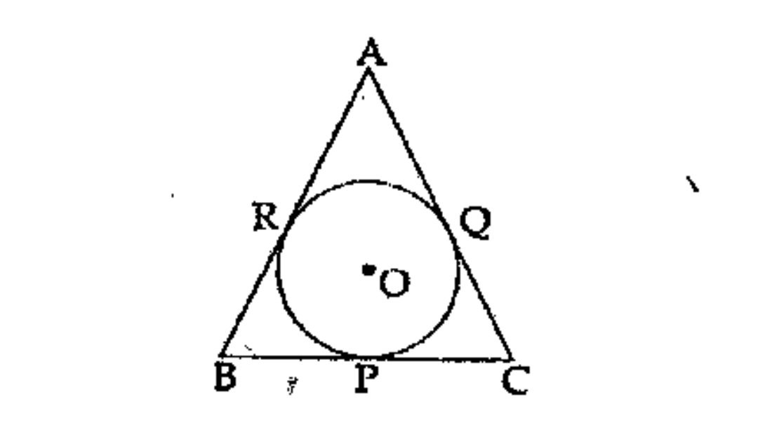 Circle with centre O touches the sides of the triangle at P, Q and R, AB=AC,AQ=4 centimetres and CQ=6 centimetres. What is the length of CP?   .
